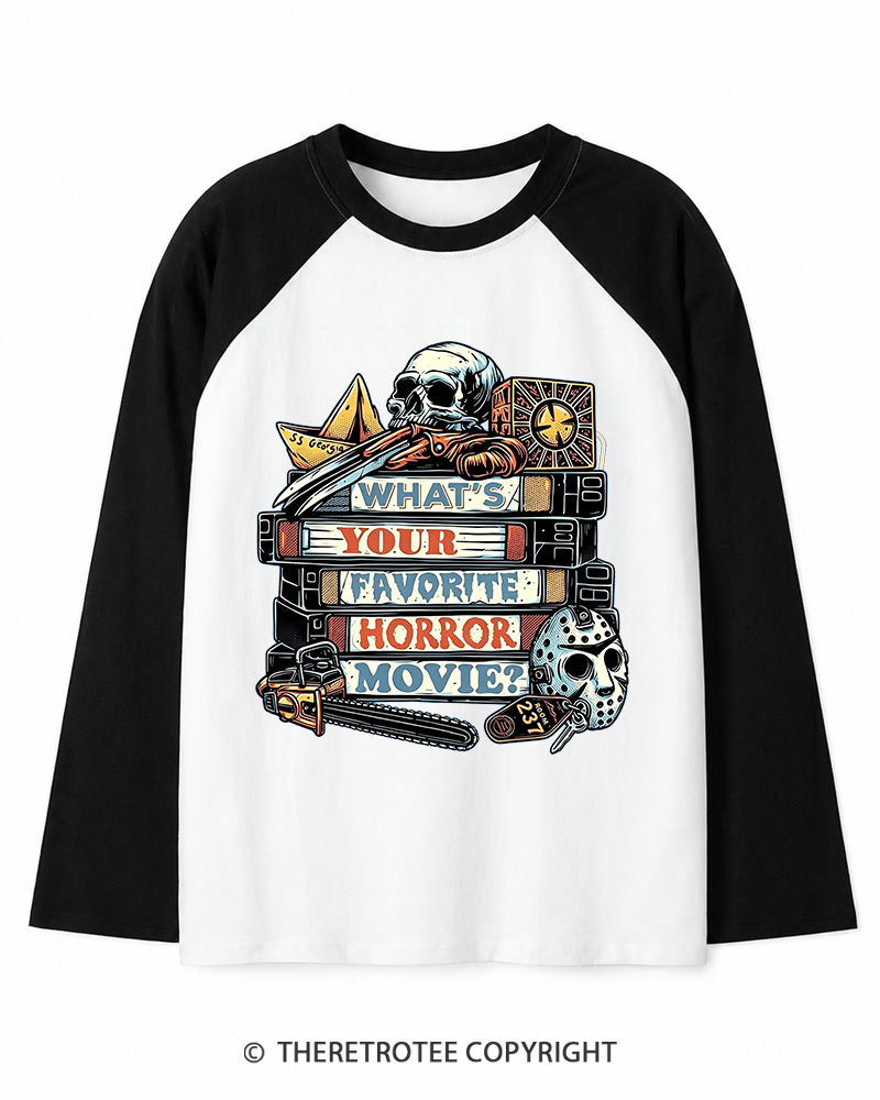 TheRetroTee What’s Your Favorite Horror Movie 1980s Long Sleeve Raglan T-Shirt