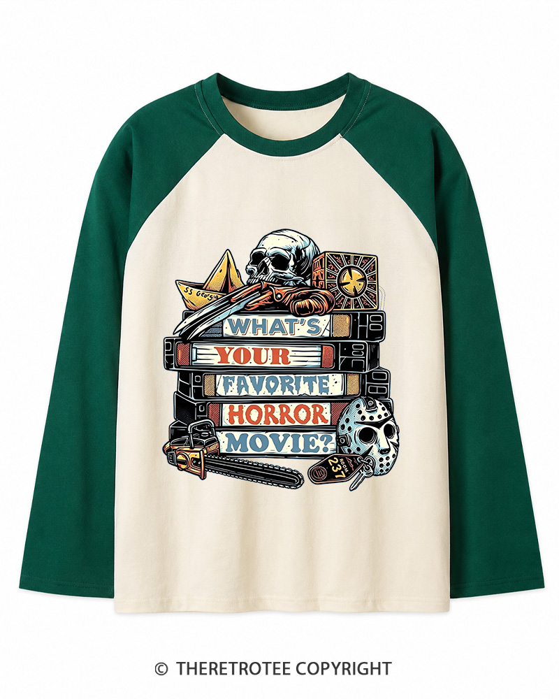 TheRetroTee What’s Your Favorite Horror Movie 1980s Long Sleeve Raglan T-Shirt