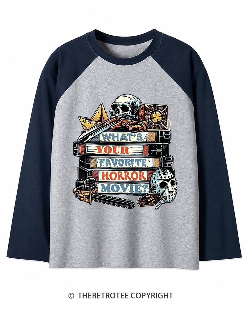 TheRetroTee What’s Your Favorite Horror Movie 1980s Long Sleeve Raglan T-Shirt