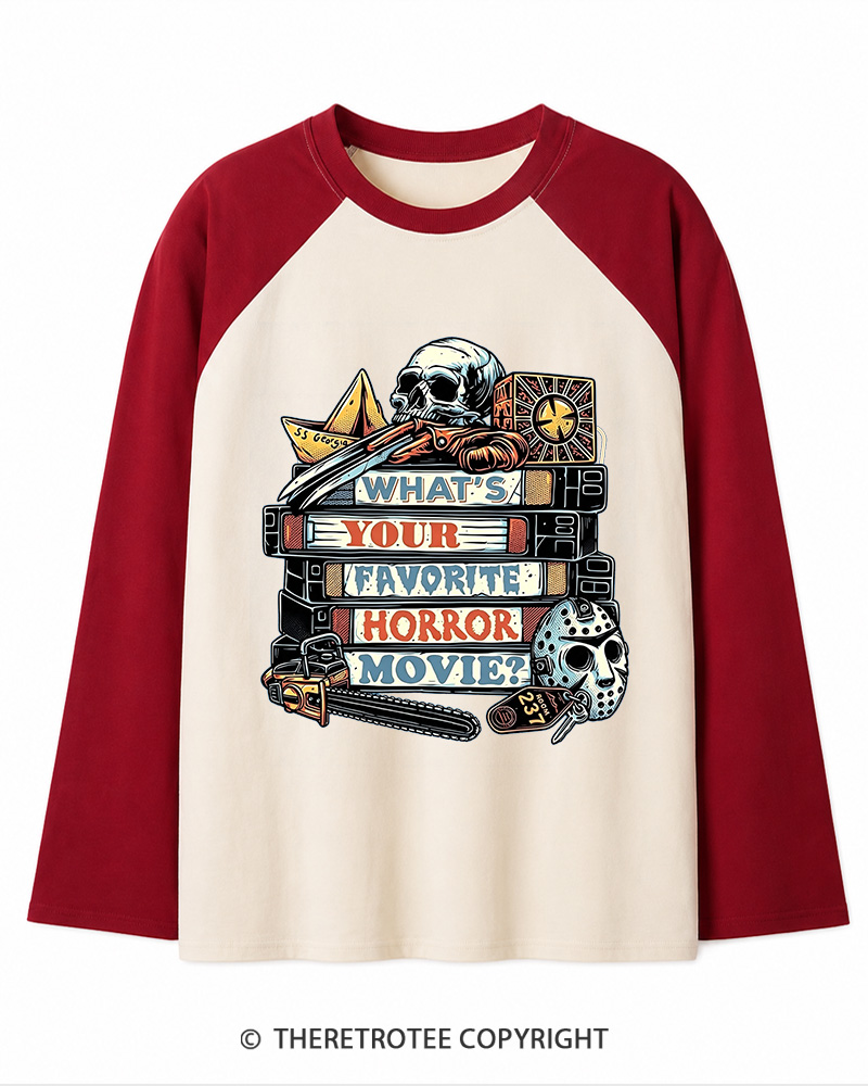 TheRetroTee What’s Your Favorite Horror Movie 1980s Long Sleeve Raglan T-Shirt