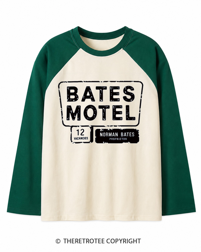 TheRetroTee Bates Motel 1980s Long Sleeve Raglan T-Shirt