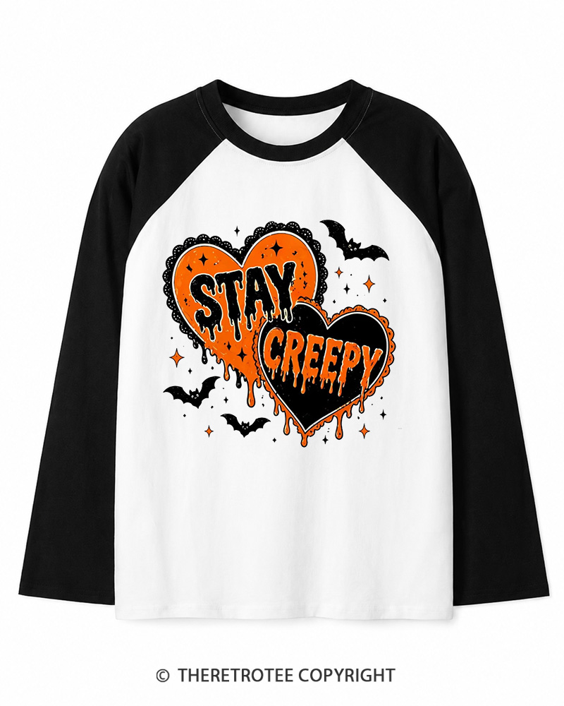 TheRetroTee Stay Creepy 1990s Long Sleeve Raglan T-Shirt