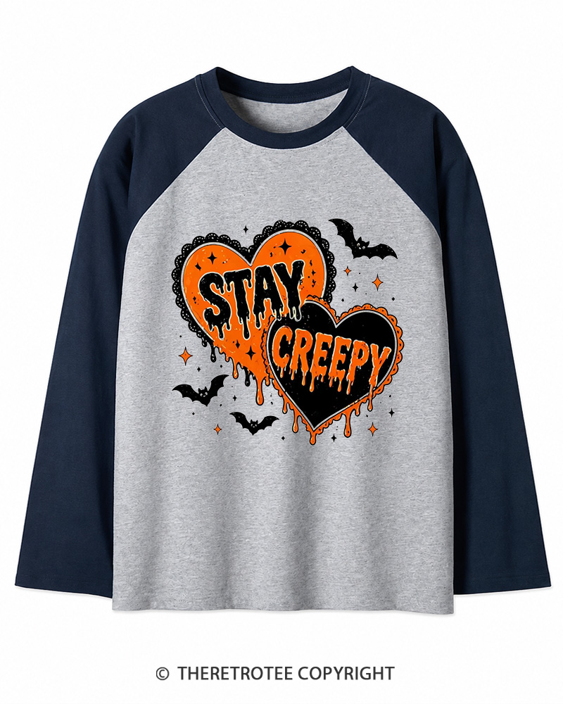 TheRetroTee Stay Creepy 1990s Long Sleeve Raglan T-Shirt