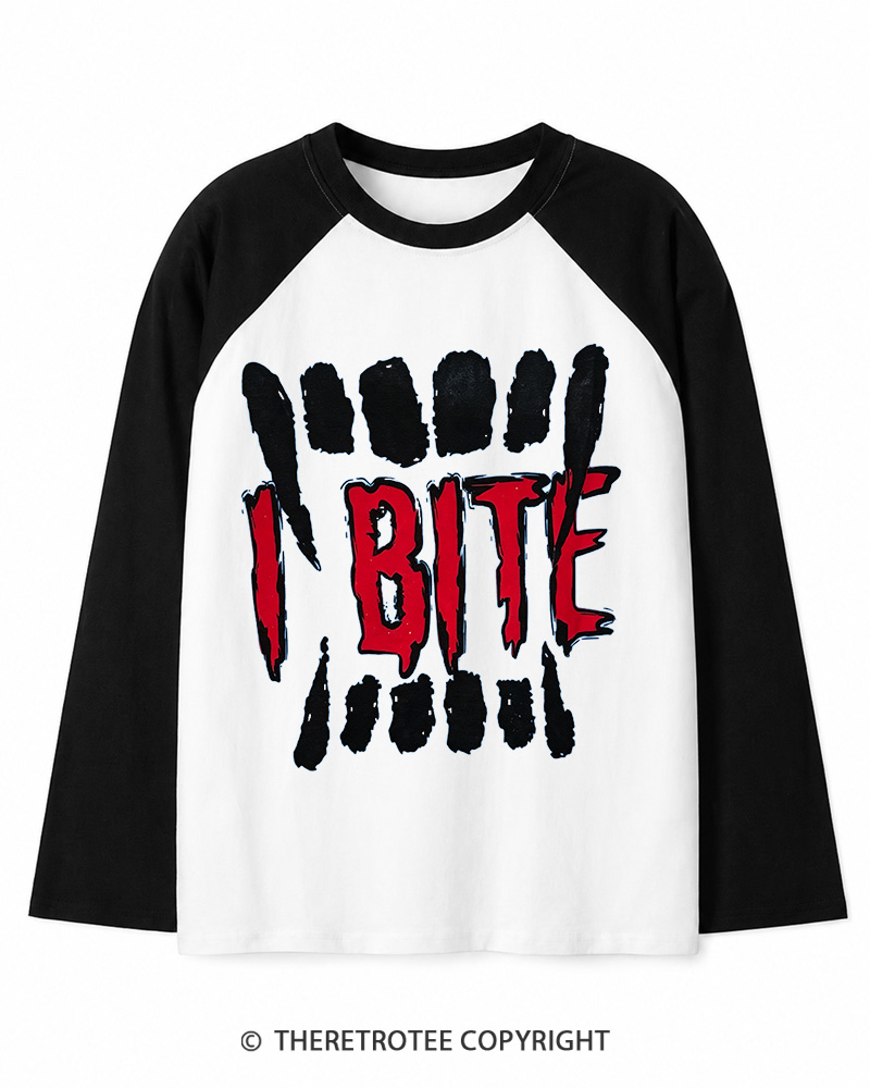 TheRetroTee I Bite 1990s Long Sleeve Raglan T-Shirt