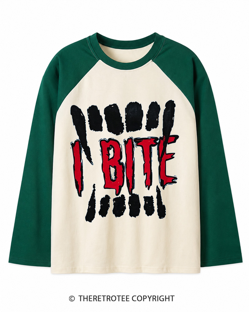 TheRetroTee I Bite 1990s Long Sleeve Raglan T-Shirt
