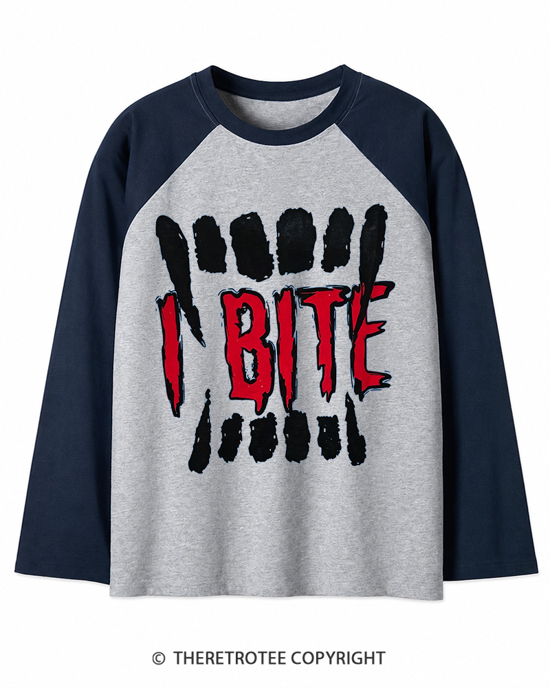 TheRetroTee I Bite 1990s Long Sleeve Raglan T-Shirt