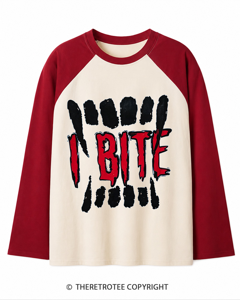 TheRetroTee I Bite 1990s Long Sleeve Raglan T-Shirt