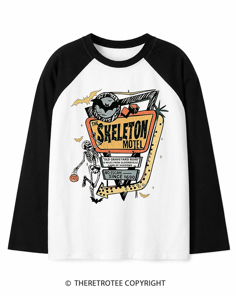 TheRetroTee The Skeleton Motel 1980s Long Sleeve Raglan T-Shirt