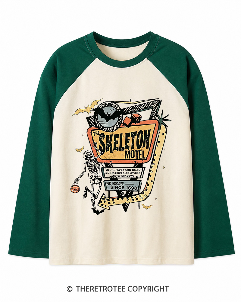 TheRetroTee The Skeleton Motel 1980s Long Sleeve Raglan T-Shirt