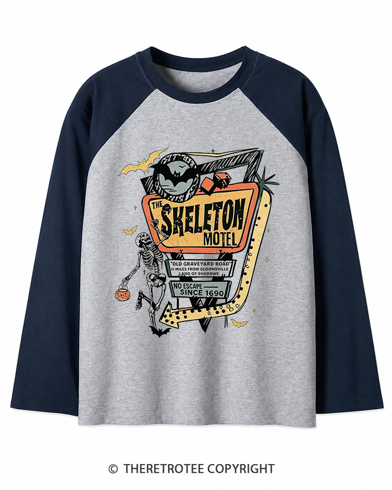 TheRetroTee The Skeleton Motel 1980s Long Sleeve Raglan T-Shirt