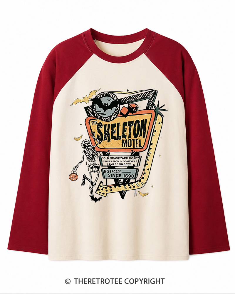 TheRetroTee The Skeleton Motel 1980s Long Sleeve Raglan T-Shirt