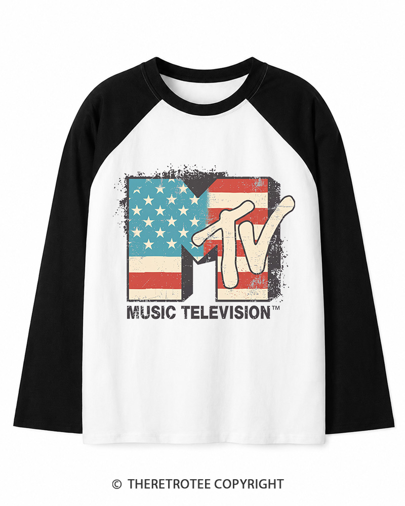 TheRetroTee American Flag Logo 1980s Long Sleeve Raglan T-Shirt