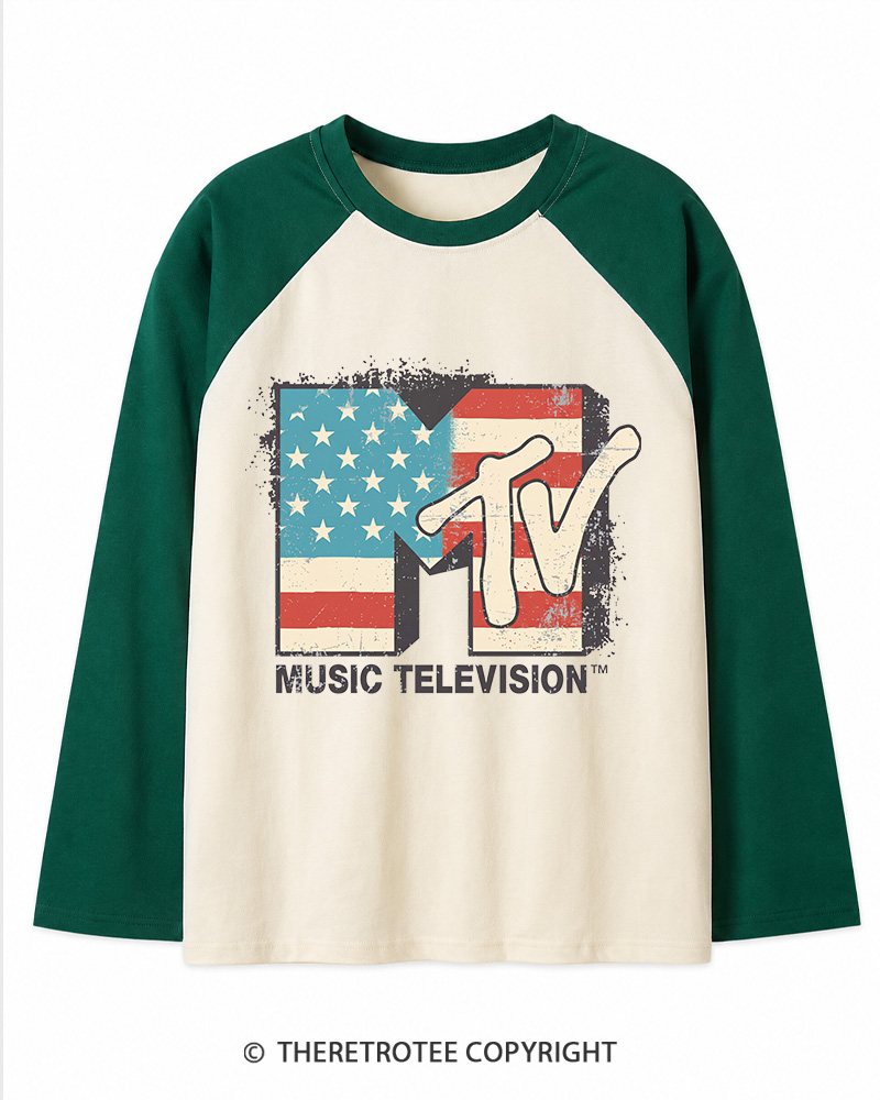 TheRetroTee American Flag Logo 1980s Long Sleeve Raglan T-Shirt