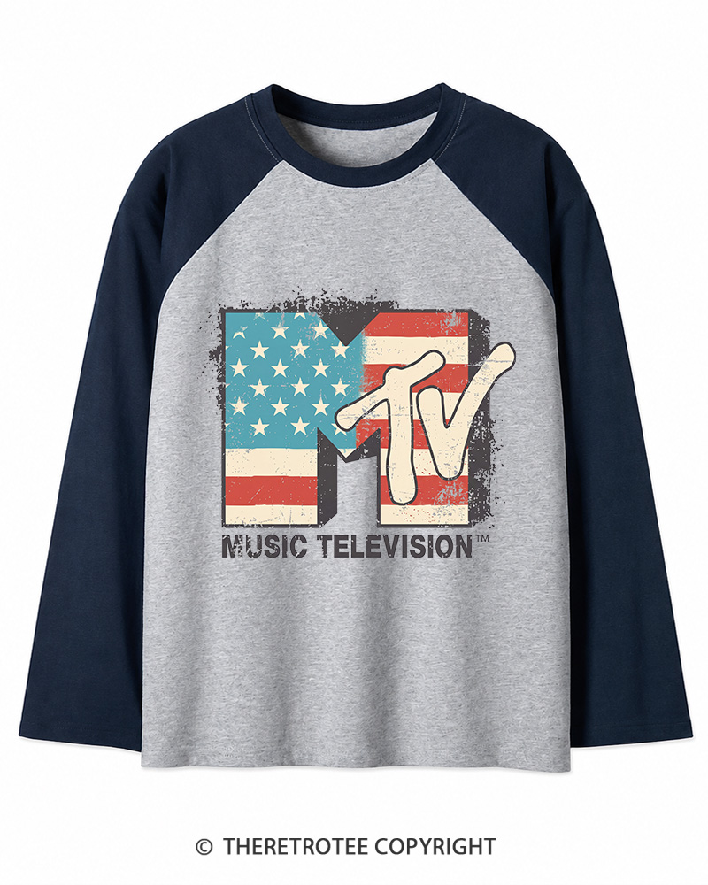 TheRetroTee American Flag Logo 1980s Long Sleeve Raglan T-Shirt