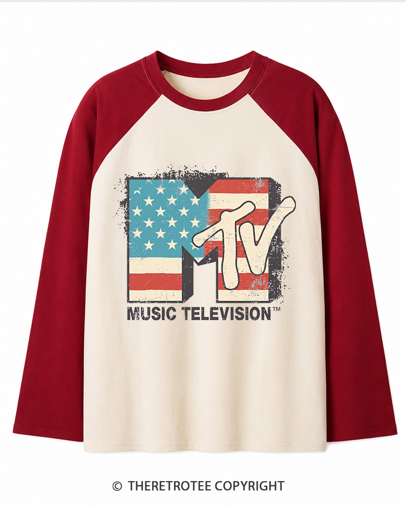 TheRetroTee American Flag Logo 1980s Long Sleeve Raglan T-Shirt