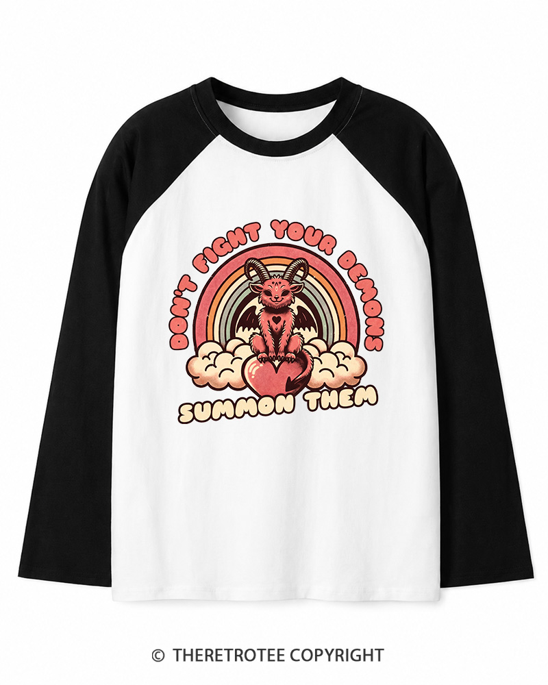 TheRetroTee Don't Fight Your Demons Summon Them 1990s Long Sleeve Raglan T-Shirt