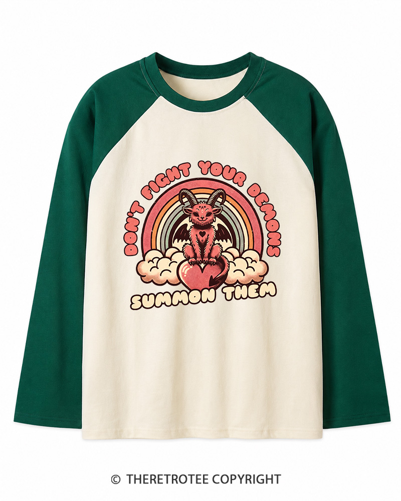 TheRetroTee Don't Fight Your Demons Summon Them 1990s Long Sleeve Raglan T-Shirt