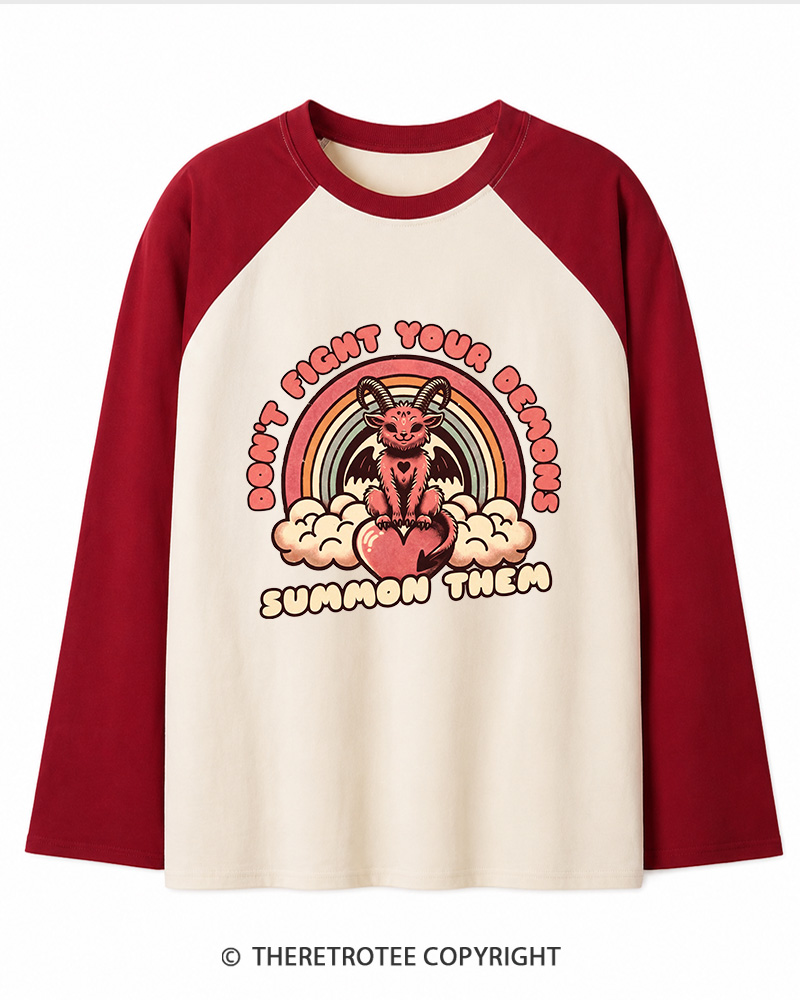 TheRetroTee Don't Fight Your Demons Summon Them 1990s Long Sleeve Raglan T-Shirt