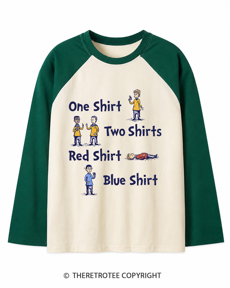TheRetroTee Red Shirt, Blue Shirt 1960s Long Sleeve Raglan T-Shirt
