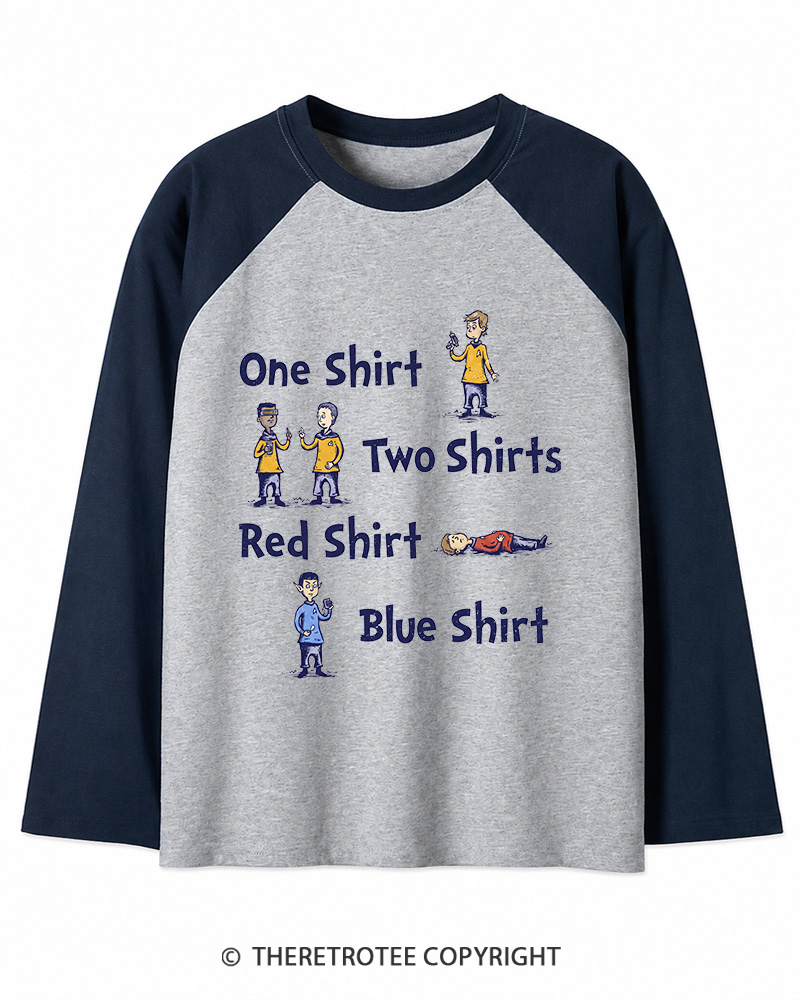 TheRetroTee Red Shirt, Blue Shirt 1960s Long Sleeve Raglan T-Shirt