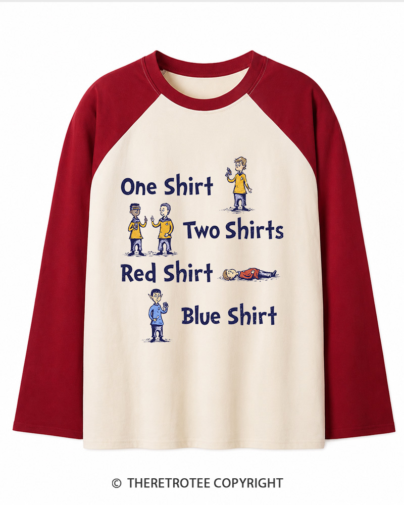 TheRetroTee Red Shirt, Blue Shirt 1960s Long Sleeve Raglan T-Shirt