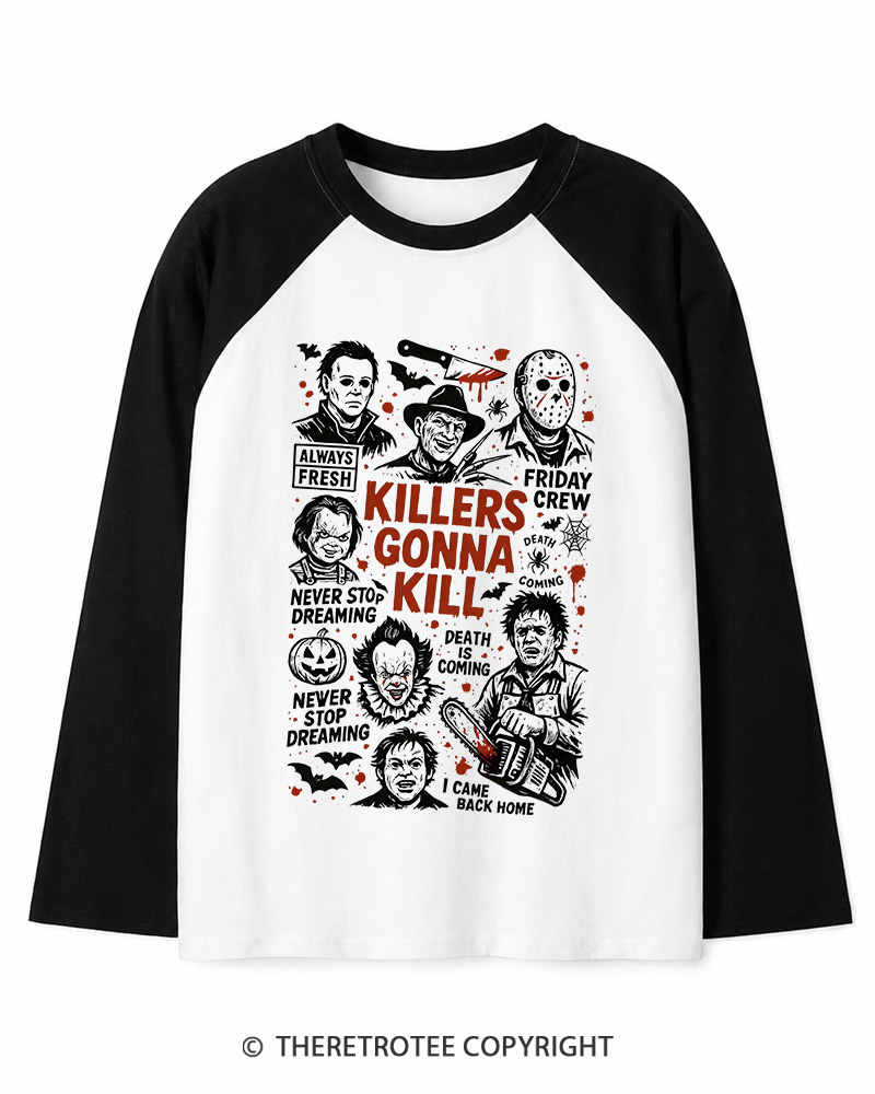TheRetroTee Killers Gonna Kill Halloween Halloween Long Sleeve Raglan T-Shirt