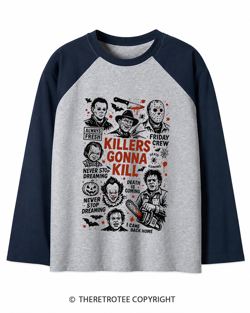 TheRetroTee Killers Gonna Kill Halloween Halloween Long Sleeve Raglan T-Shirt
