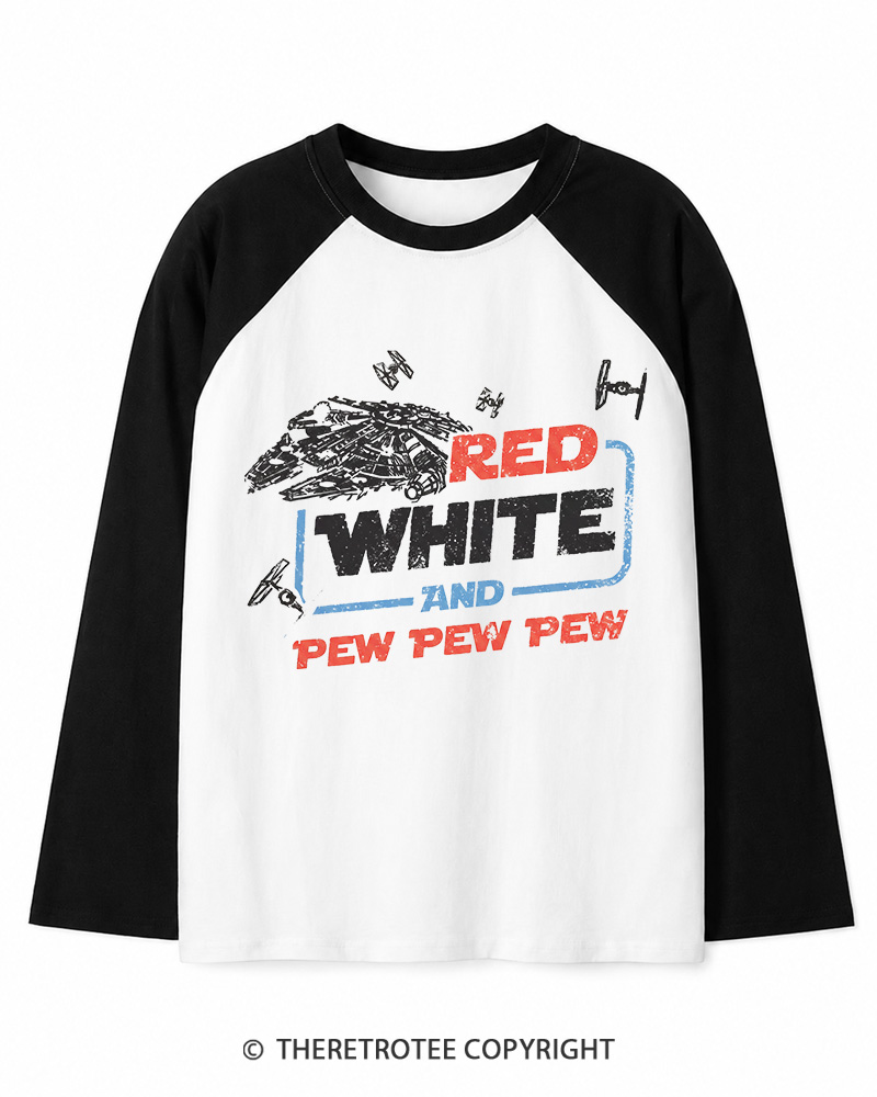 TheRetroTee Red White And Pew Pew Pew 1980s Long Sleeve Raglan T-Shirt