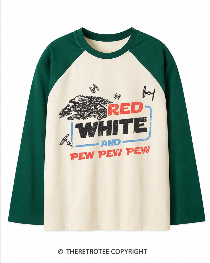 TheRetroTee Red White And Pew Pew Pew 1980s Long Sleeve Raglan T-Shirt