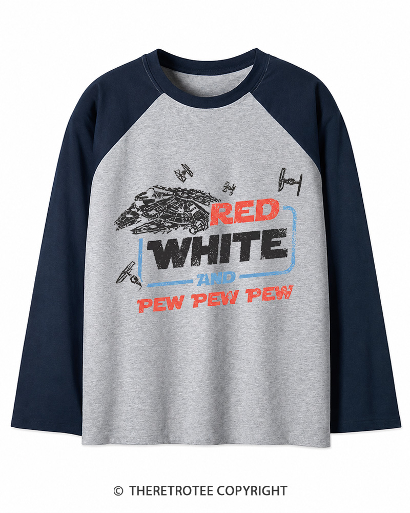 TheRetroTee Red White And Pew Pew Pew 1980s Long Sleeve Raglan T-Shirt