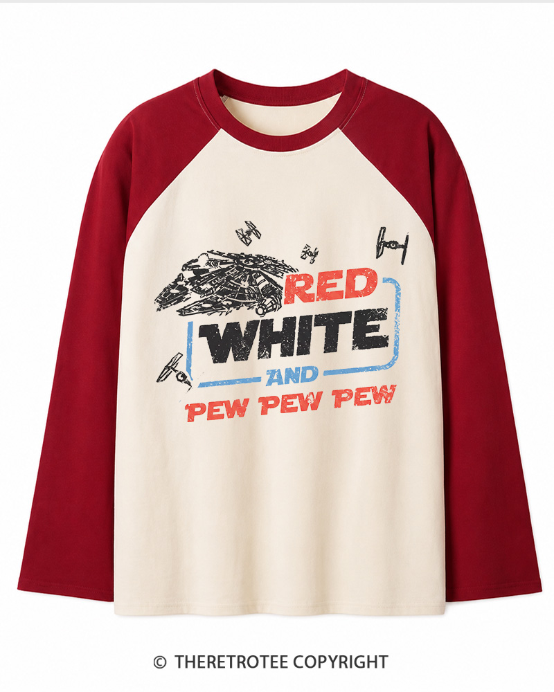 TheRetroTee Red White And Pew Pew Pew 1980s Long Sleeve Raglan T-Shirt