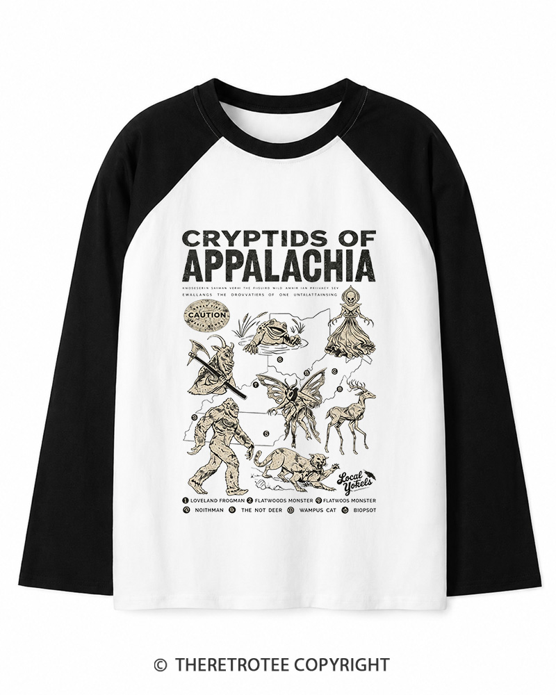 TheRetroTee Cryptids of Appalachia 1970s Long Sleeve Raglan T-Shirt