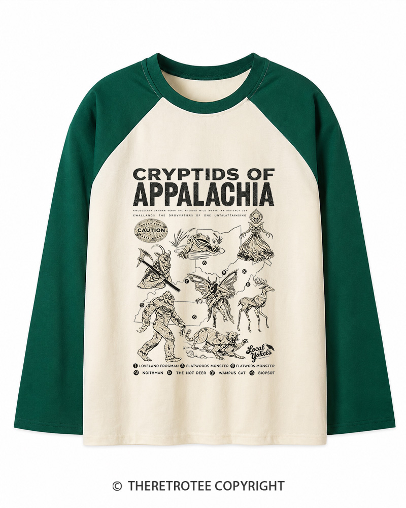 TheRetroTee Cryptids of Appalachia 1970s Long Sleeve Raglan T-Shirt