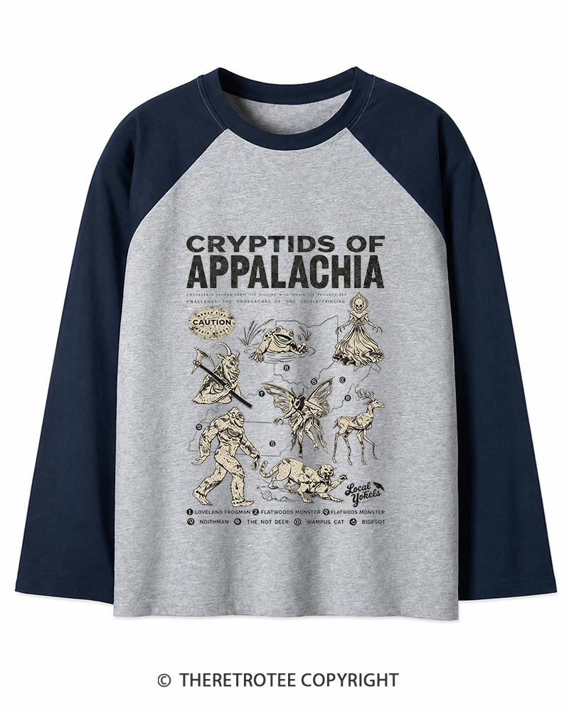 TheRetroTee Cryptids of Appalachia 1970s Long Sleeve Raglan T-Shirt