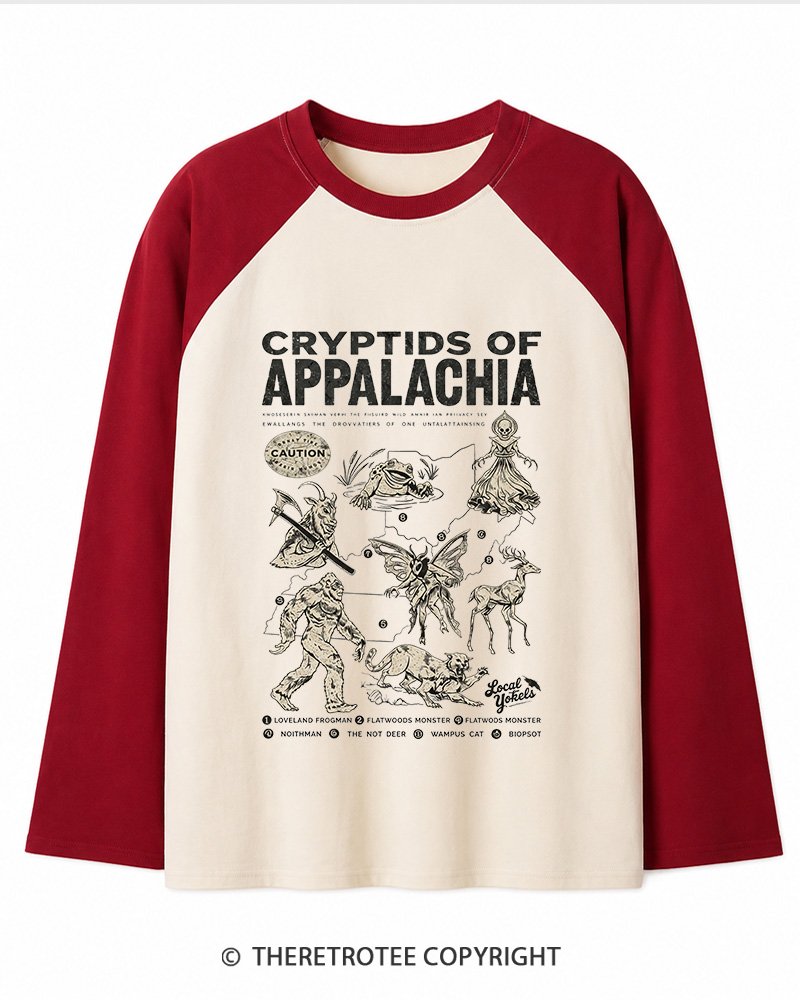 TheRetroTee Cryptids of Appalachia 1970s Long Sleeve Raglan T-Shirt