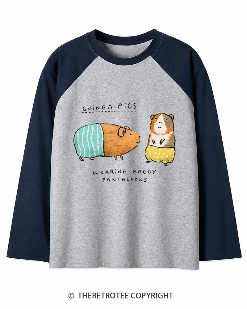 TheRetroTee Vintage Cute Guinea Pig Whimsical Long Sleeve Raglan T-Shirt