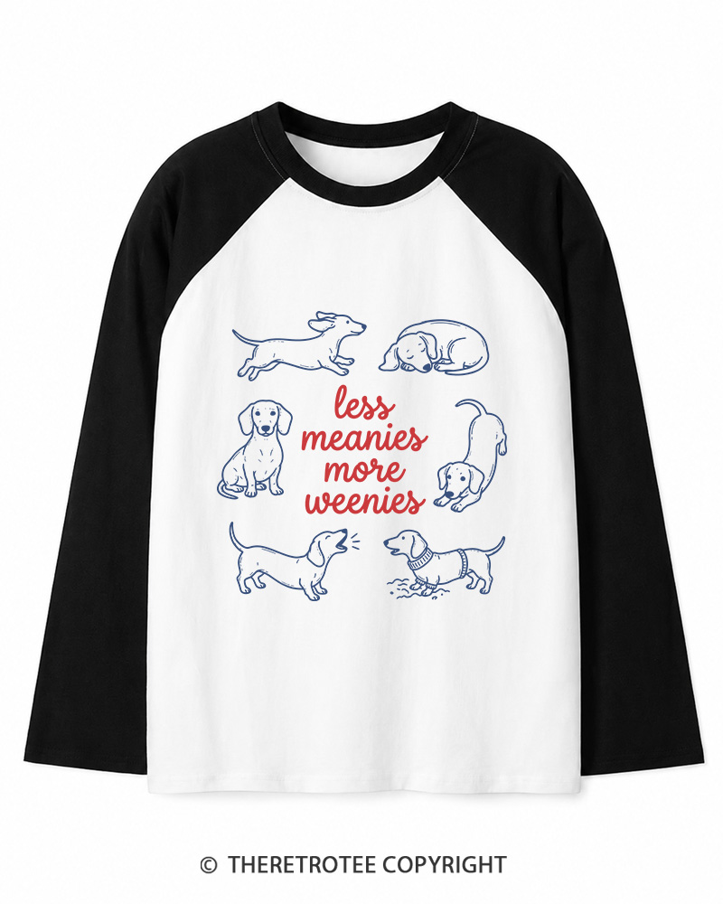 TheRetroTee Less Meanies More Weenies 1980s Long Sleeve Raglan T-Shirt