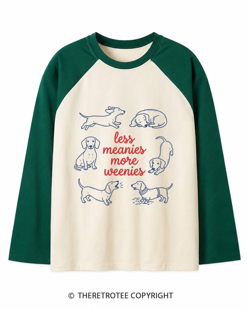 TheRetroTee Less Meanies More Weenies 1980s Long Sleeve Raglan T-Shirt