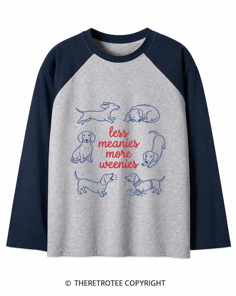 TheRetroTee Less Meanies More Weenies 1980s Long Sleeve Raglan T-Shirt