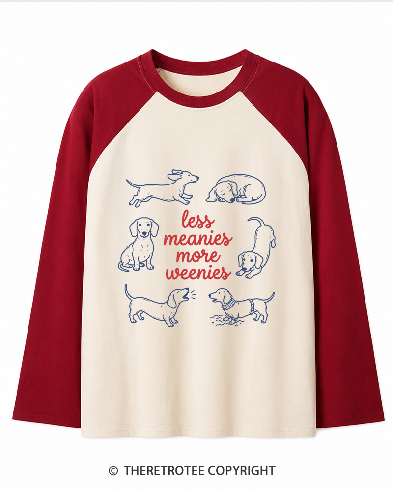 TheRetroTee Less Meanies More Weenies 1980s Long Sleeve Raglan T-Shirt