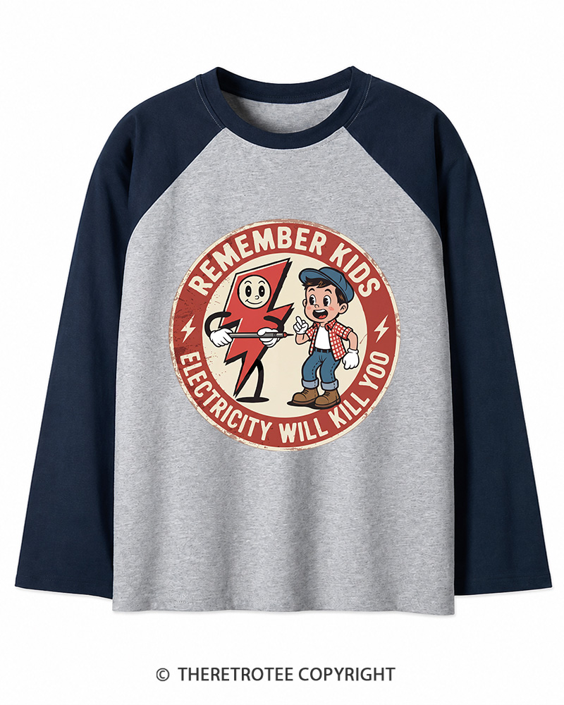 TheRetroTee Electricity Will Kill You Kids Long Sleeve Raglan T-Shirt