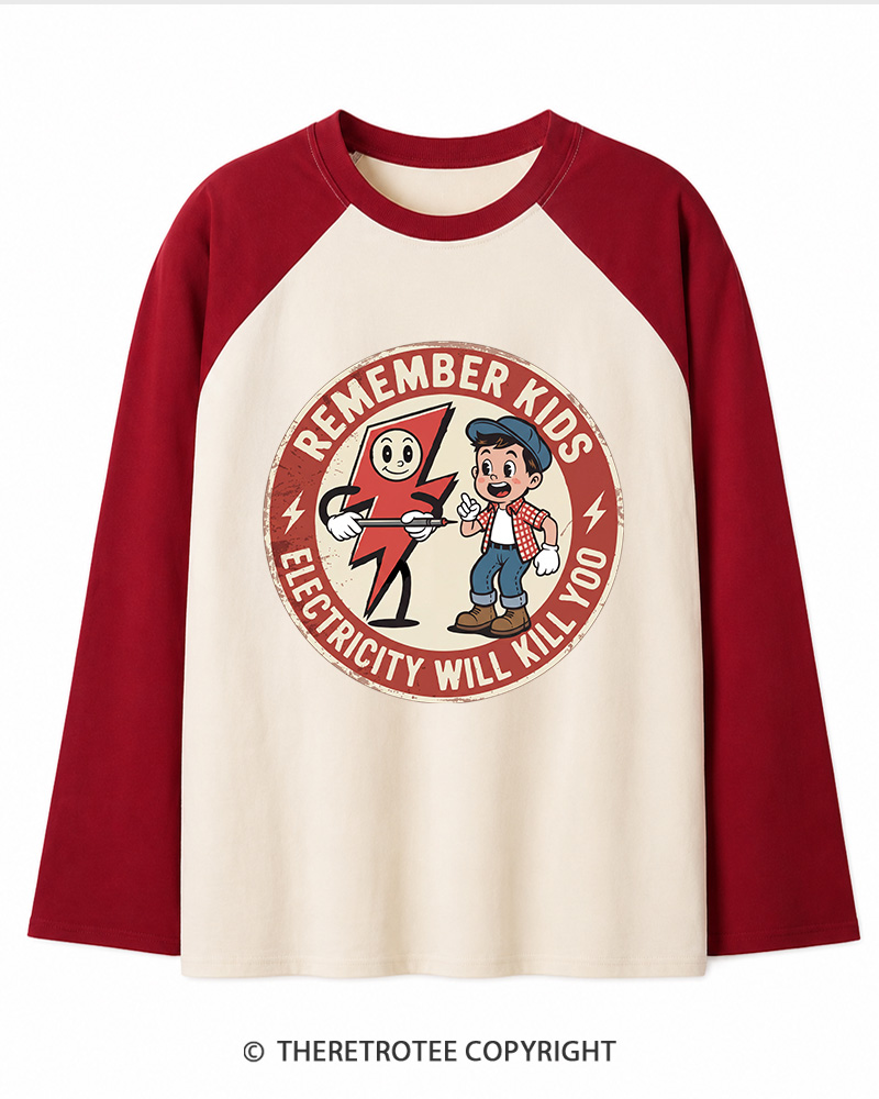 TheRetroTee Electricity Will Kill You Kids Long Sleeve Raglan T-Shirt
