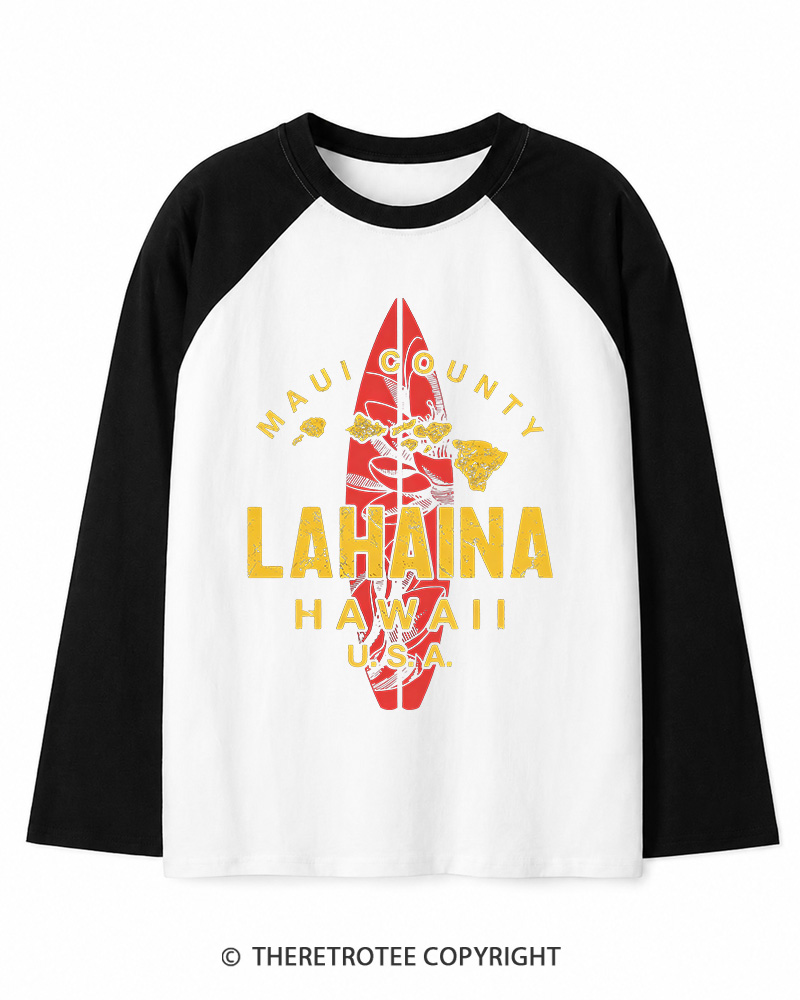 TheRetroTee Hawaii Lahaina Maui Hawaiian Islands Surf Long Sleeve Raglan T-Shirt