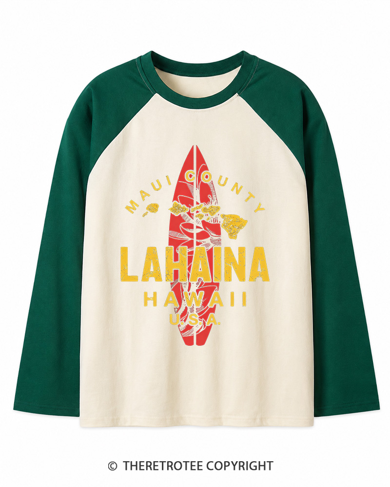 TheRetroTee Hawaii Lahaina Maui Hawaiian Islands Surf Long Sleeve Raglan T-Shirt