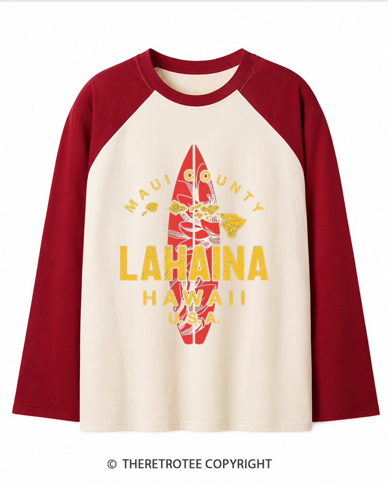 TheRetroTee Hawaii Lahaina Maui Hawaiian Islands Surf Long Sleeve Raglan T-Shirt
