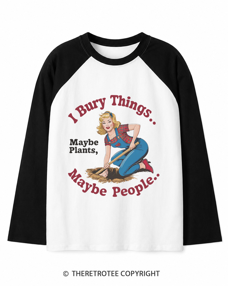 TheRetroTee I Bury Things 1970s Long Sleeve Raglan T-Shirt