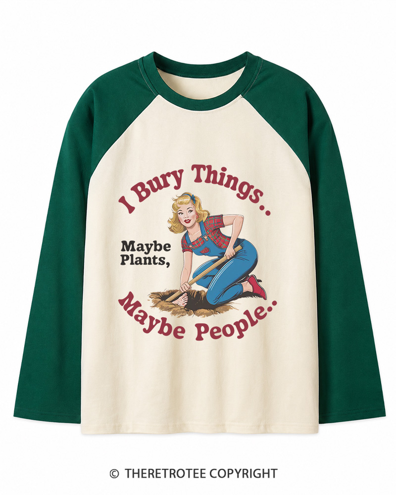 TheRetroTee I Bury Things 1970s Long Sleeve Raglan T-Shirt