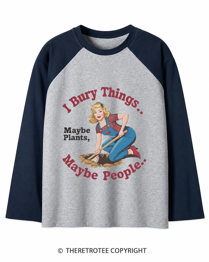 TheRetroTee I Bury Things 1970s Long Sleeve Raglan T-Shirt