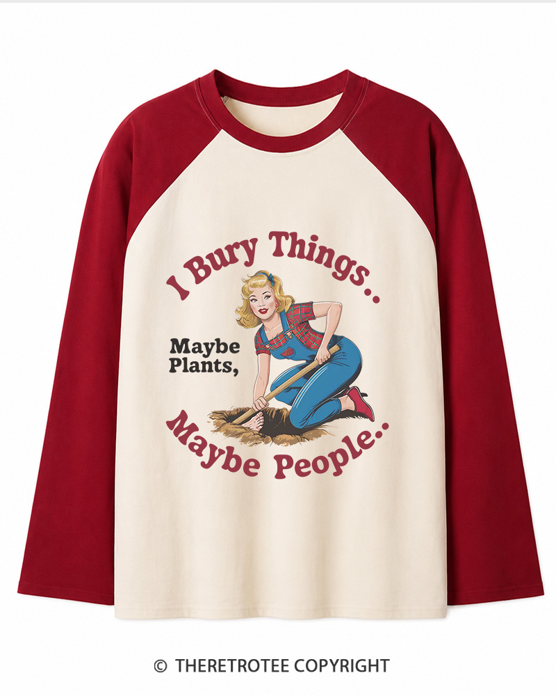TheRetroTee I Bury Things 1970s Long Sleeve Raglan T-Shirt