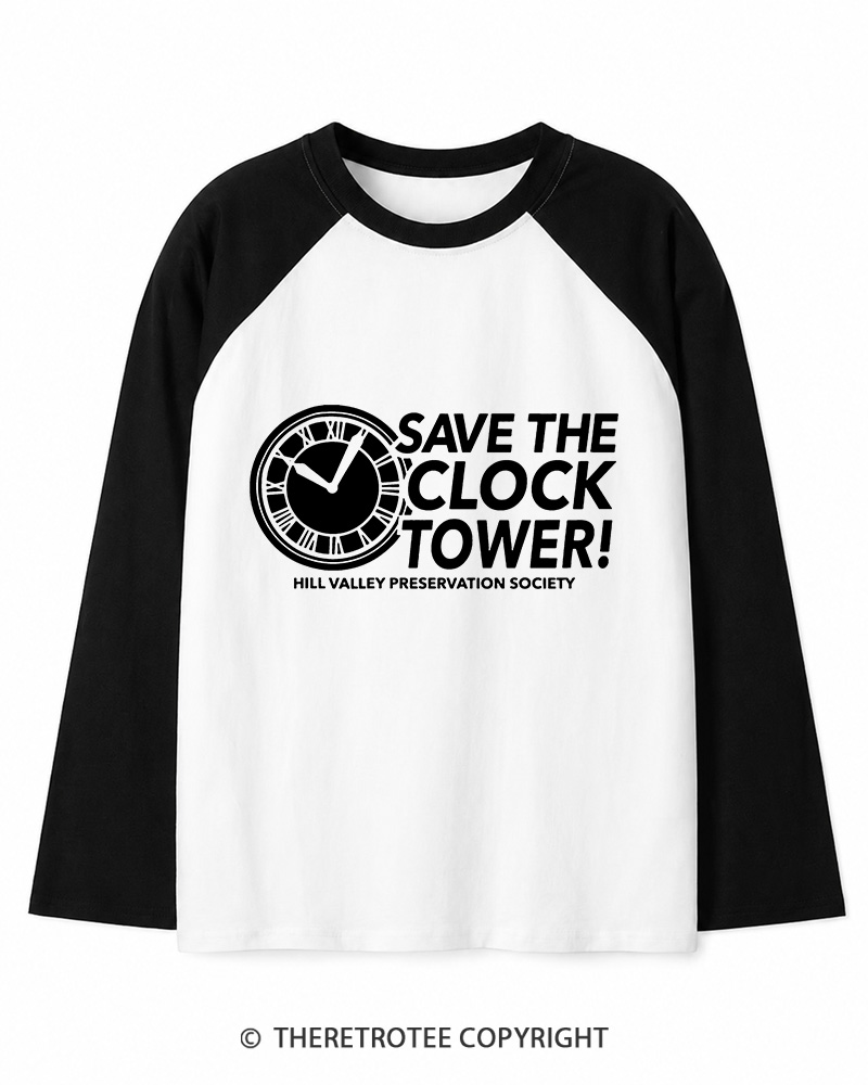 TheRetroTee Save The Clock Tower 1980s Long Sleeve Raglan T-Shirt